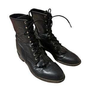 JUSTIN 506 Combat Boots Kiltie Roper Vintage Black Leather Lace Up Men's Sz 9.5